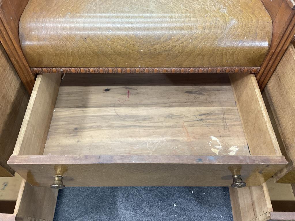 Antique Art Deco Waterfall Vanity with Mirror & Linen Bench | 1920s Walnut Veneer Dressing Table | Vintage Makeup Vanity