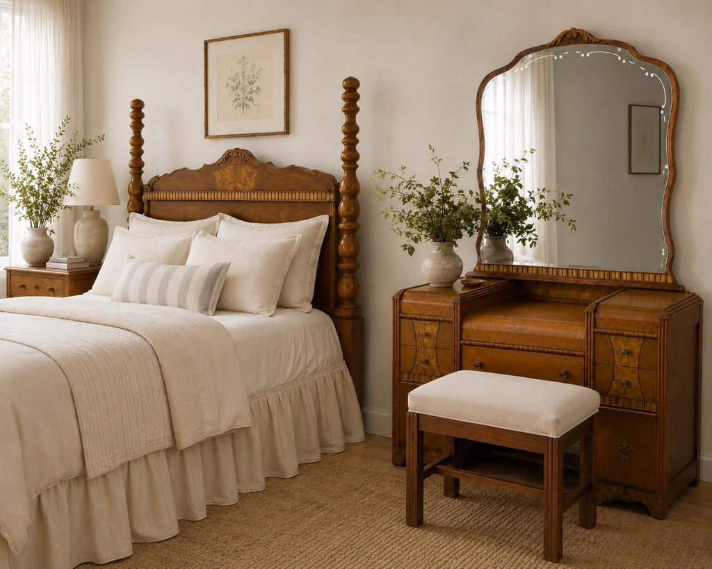 Rare Art Deco Waterfall Bedroom Set | Burl Walnut Bed, Vanity, Mirror, Bench (1920s)