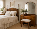 Rare Art Deco Waterfall Bedroom Set | Burl Walnut Bed, Vanity, Mirror, Bench (1920s)