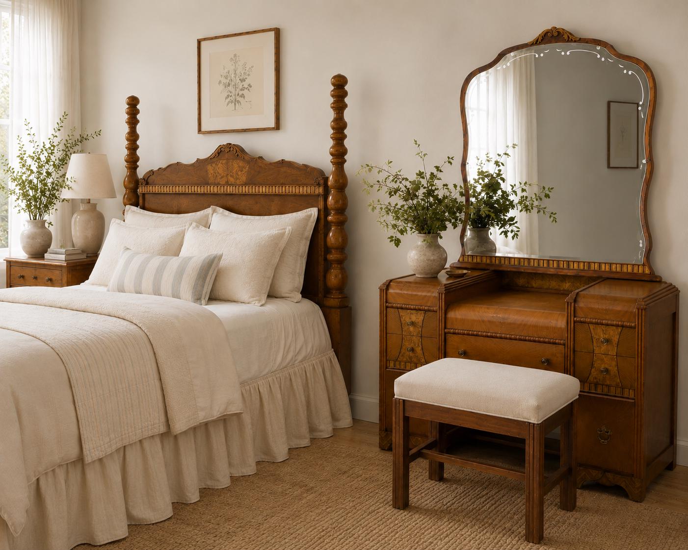 Rare Art Deco Waterfall Bedroom Set | Burl Walnut Bed, Vanity, Mirror, Bench (1920s)