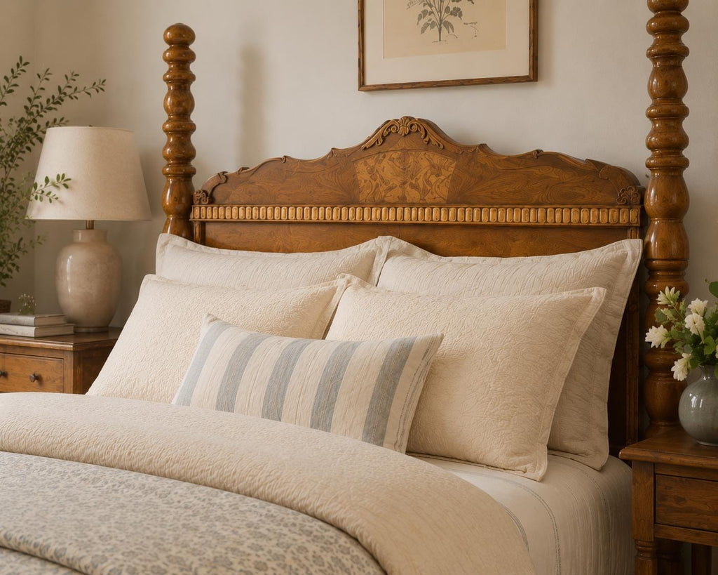 Rare Art Deco Waterfall Bedroom Set | Burl Walnut Bed, Vanity, Mirror, Bench (1920s)