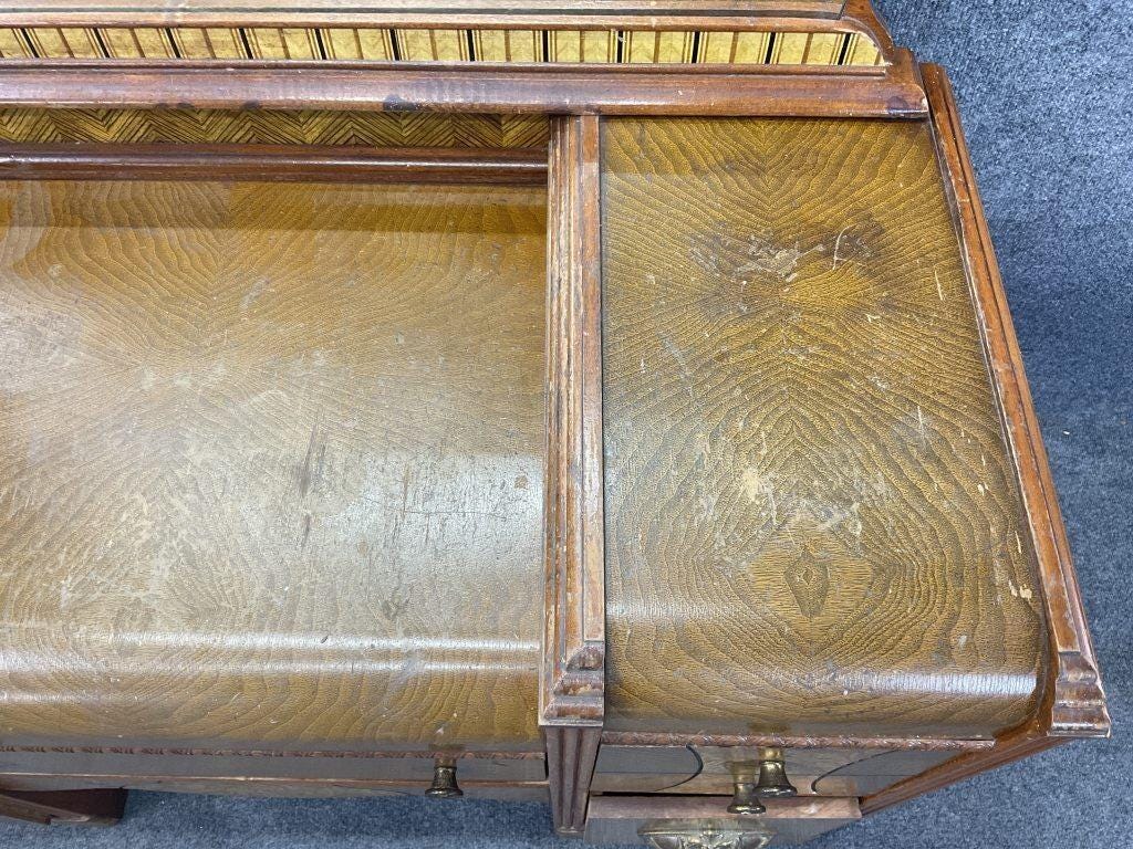 Rare Art Deco Waterfall Bedroom Set | Burl Walnut Bed, Vanity, Mirror, Bench (1920s)