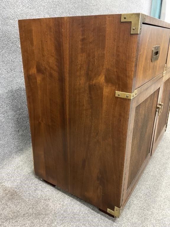 Vintage Lane Campaign Walnut Server Cabinet | Mid Century Modern Buffet | Brass Hardware Storage Cabinet