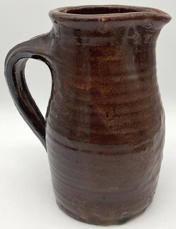 Antique Hand-Thrown Stoneware Pottery Jug | Primitive Farmhouse Crock | Rustic Brown Glazed Earthenware Pitcher | Early American Country Dec