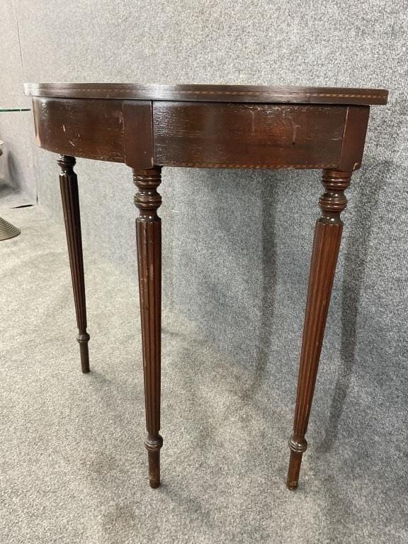 Antique Sheraton Style Demilune Console Table | Mahogany Inlaid Federal Hall Table | Half Moon Entry Table | Traditional Antique Accent Tabl