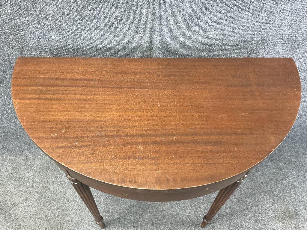 Antique Sheraton Style Demilune Console Table | Mahogany Inlaid Federal Hall Table | Half Moon Entry Table | Traditional Antique Accent Tabl
