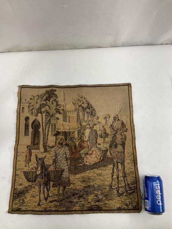 Antique Moroccan Scene Woven Tapestry | Vintage Moorish Textile Wall Hanging | Camel Desert Figural Textile Art