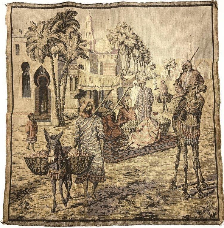 Antique Moroccan Scene Woven Tapestry | Vintage Moorish Textile Wall Hanging | Camel Desert Figural Textile Art