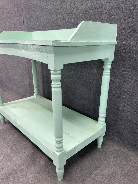 Vintage Painted Potting Table | Cottage Garden Work Table | Farmhouse Planting Bench with Enamel Basins