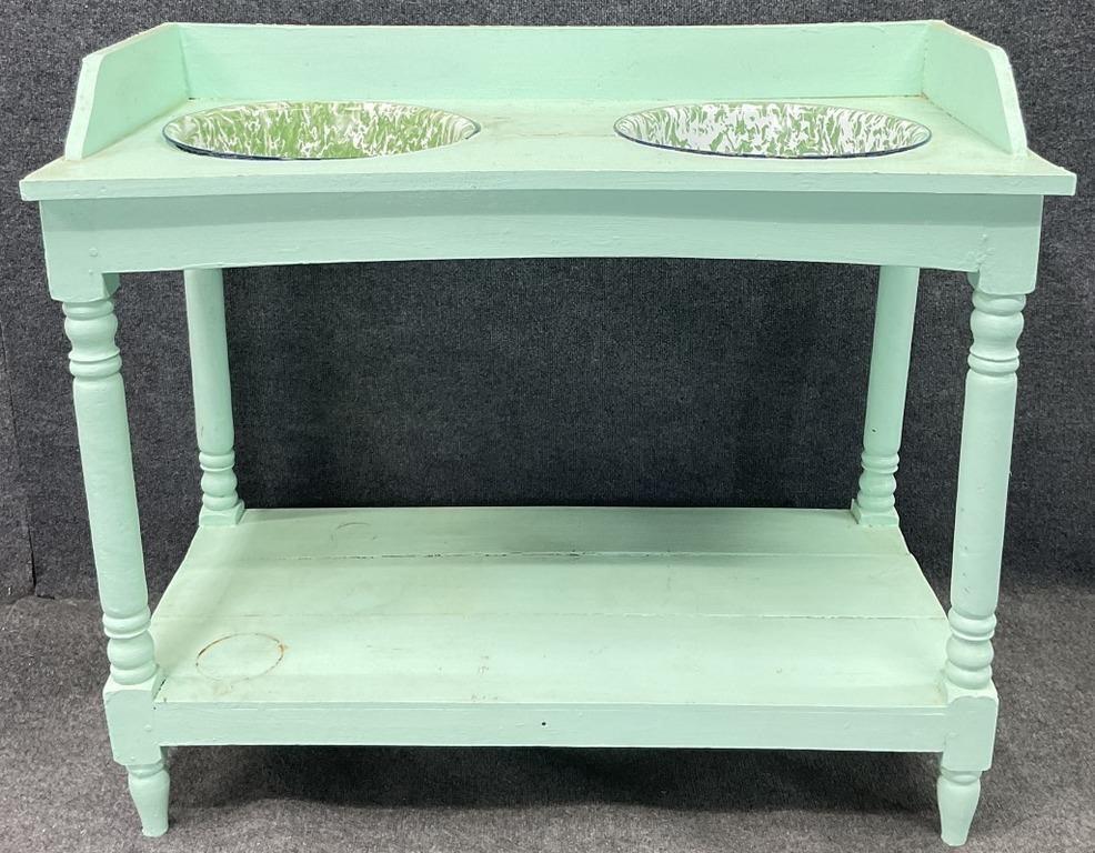 Vintage Painted Potting Table | Cottage Garden Work Table | Farmhouse Planting Bench with Enamel Basins