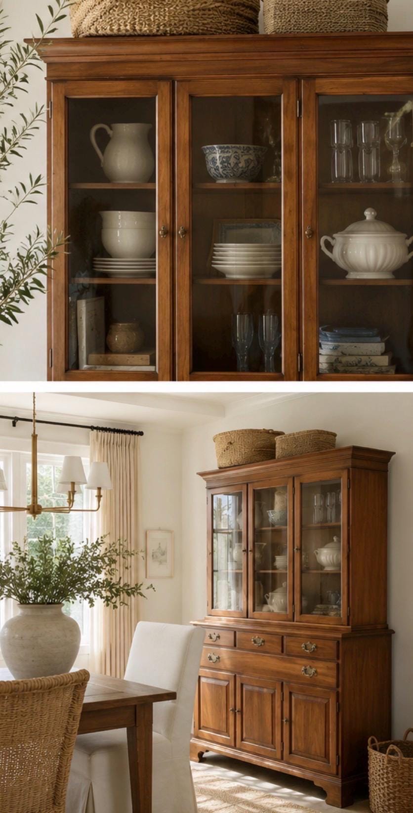 Henkel Harris Step Back China Cabinet | Vintage Virginia Hutch | Traditional Two Piece Display Cabinet