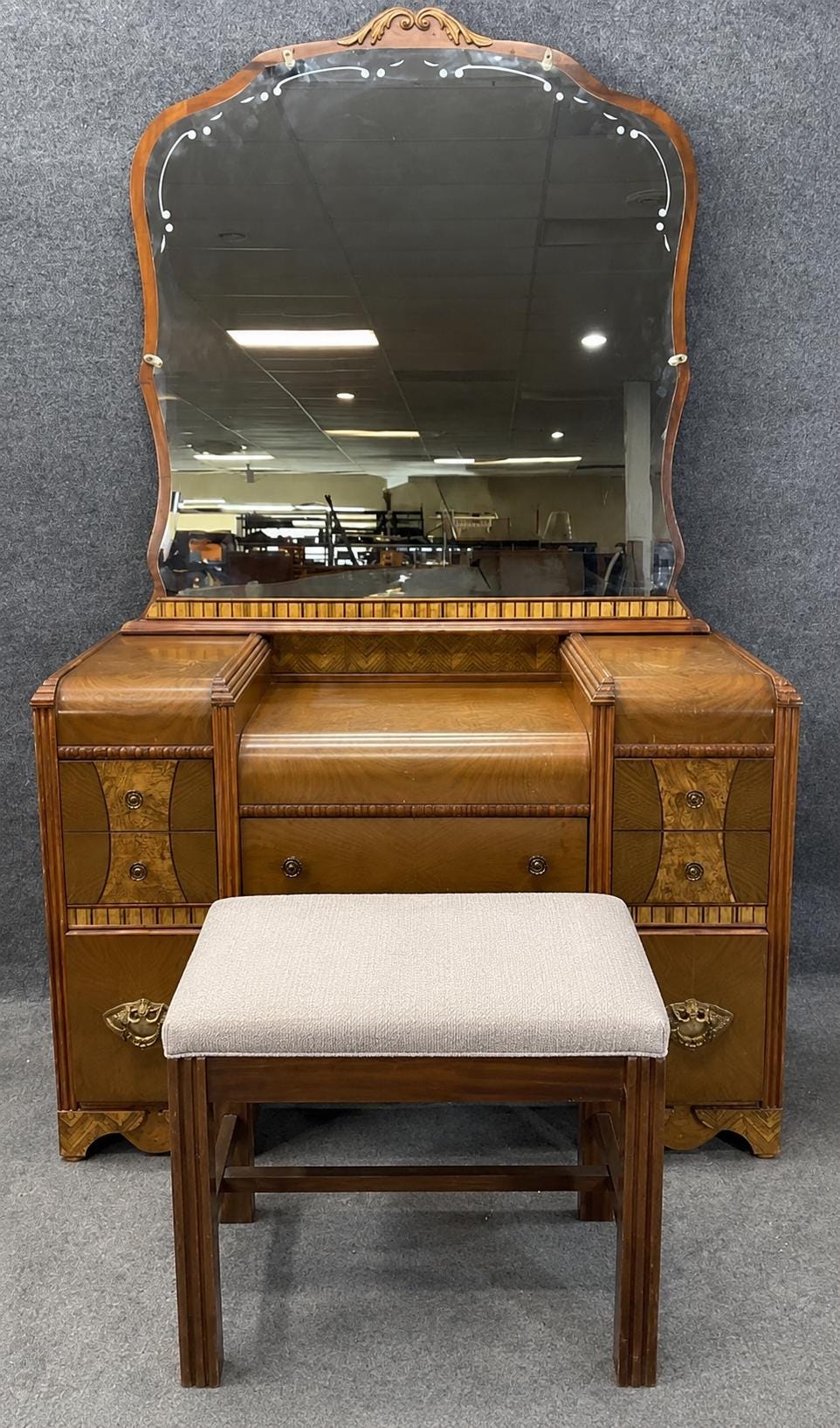 Antique Art Deco Waterfall Vanity with Mirror & Linen Bench | 1920s Walnut Veneer Dressing Table | Vintage Makeup Vanity