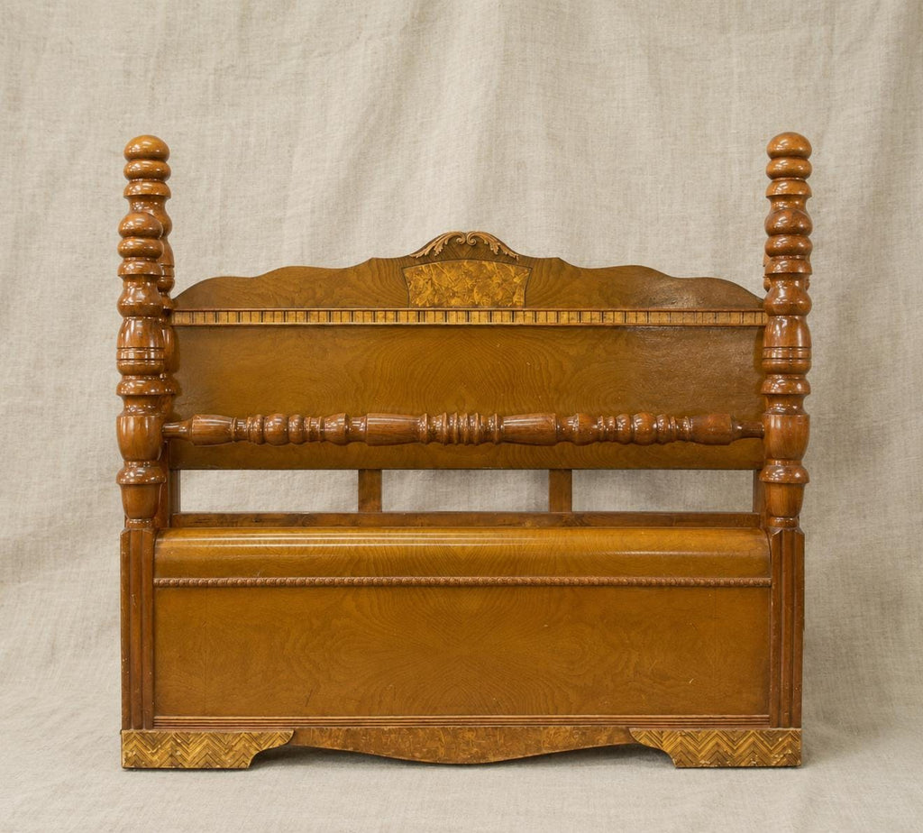 Rare Art Deco Waterfall Bedroom Set | Burl Walnut Bed, Vanity, Mirror, Bench (1920s)