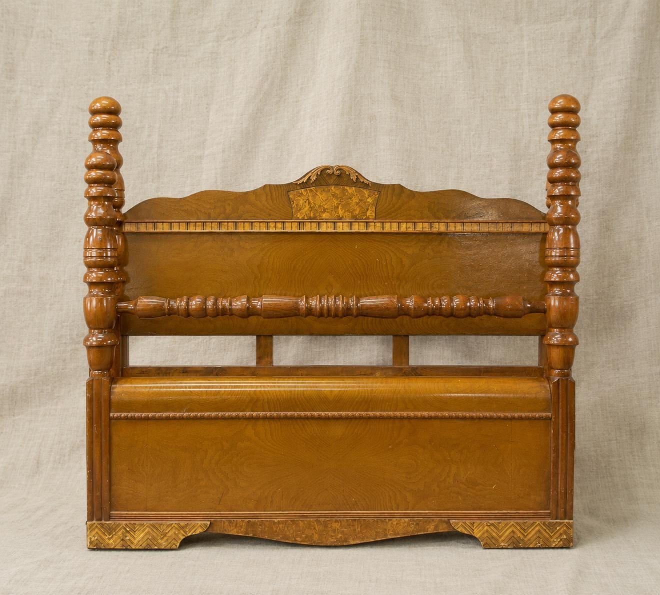 Rare Art Deco Waterfall Bedroom Set | Burl Walnut Bed, Vanity, Mirror, Bench (1920s)