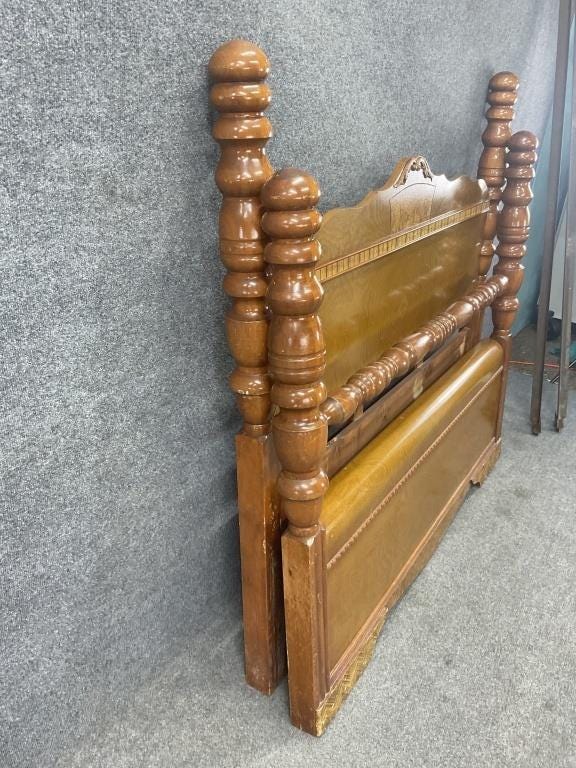 Rare Art Deco Waterfall Bedroom Set | Burl Walnut Bed, Vanity, Mirror, Bench (1920s)