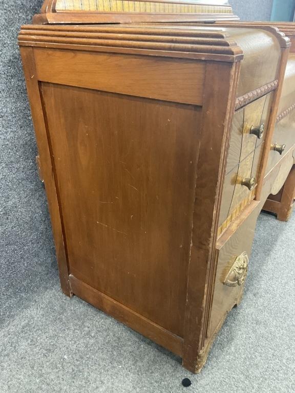 Rare Art Deco Waterfall Bedroom Set | Burl Walnut Bed, Vanity, Mirror, Bench (1920s)