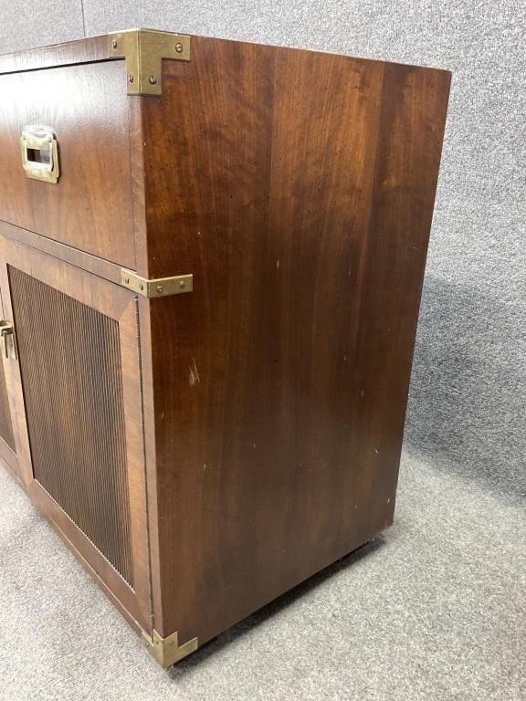 Vintage Lane Campaign Walnut Server Cabinet | Mid Century Modern Buffet | Brass Hardware Storage Cabinet