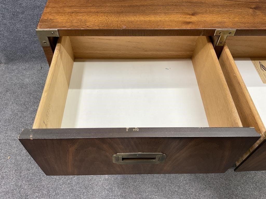 Vintage Lane Campaign Walnut Server Cabinet | Mid Century Modern Buffet | Brass Hardware Storage Cabinet