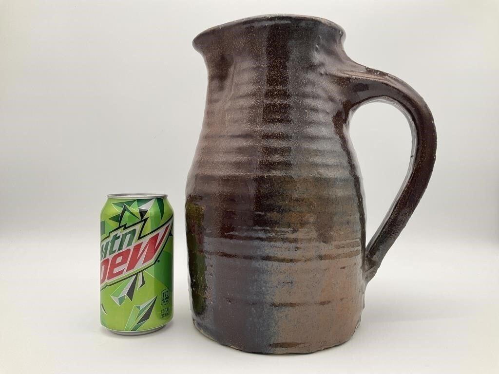 Antique Hand-Thrown Stoneware Pottery Jug | Primitive Farmhouse Crock | Rustic Brown Glazed Earthenware Pitcher | Early American Country Dec