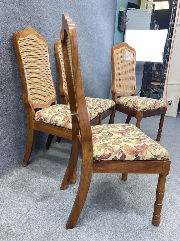 Set of 4 Vintage Walnut Cane Back Dining Chairs | French Country Cane Chairs | Upholstered Dining Chairs