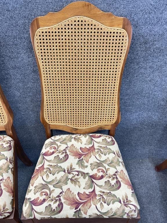 Set of 4 Vintage Walnut Cane Back Dining Chairs | French Country Cane Chairs | Upholstered Dining Chairs