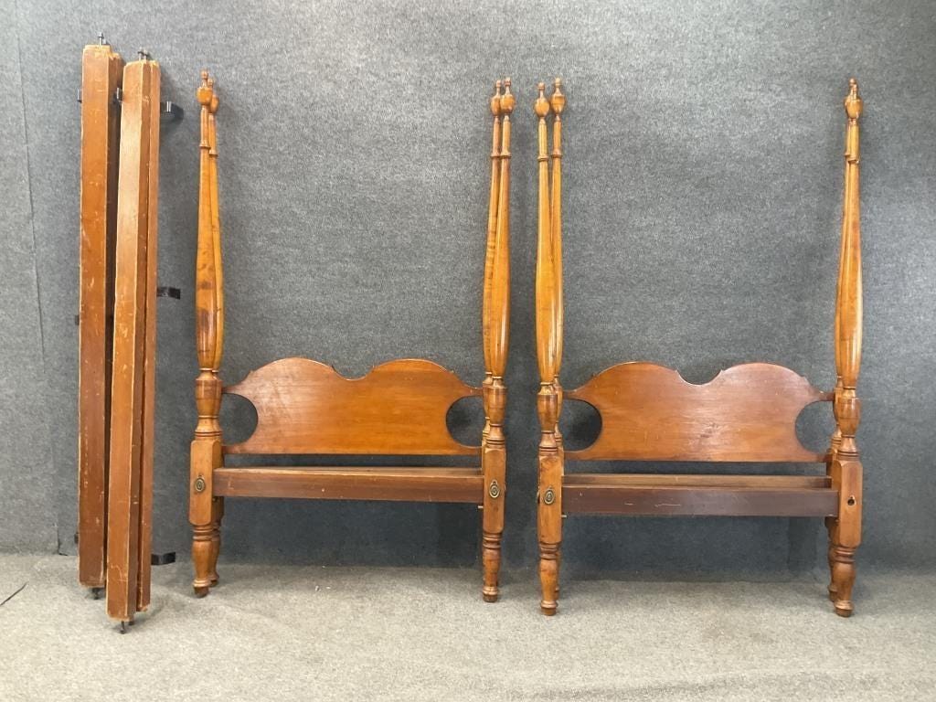 Pair of Antique American Twin Four Poster Beds | Tall Turned Post Bed Frames, c. 1880