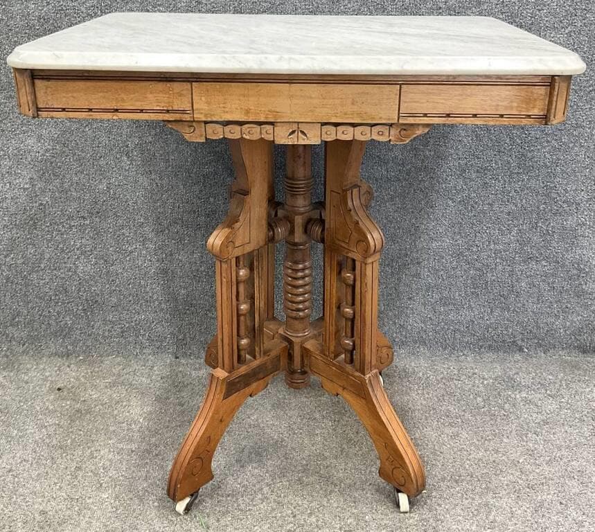Antique Victorian Walnut Marble Top Parlor Table | Renaissance Revival Eastlake Side Table | Circa 1880