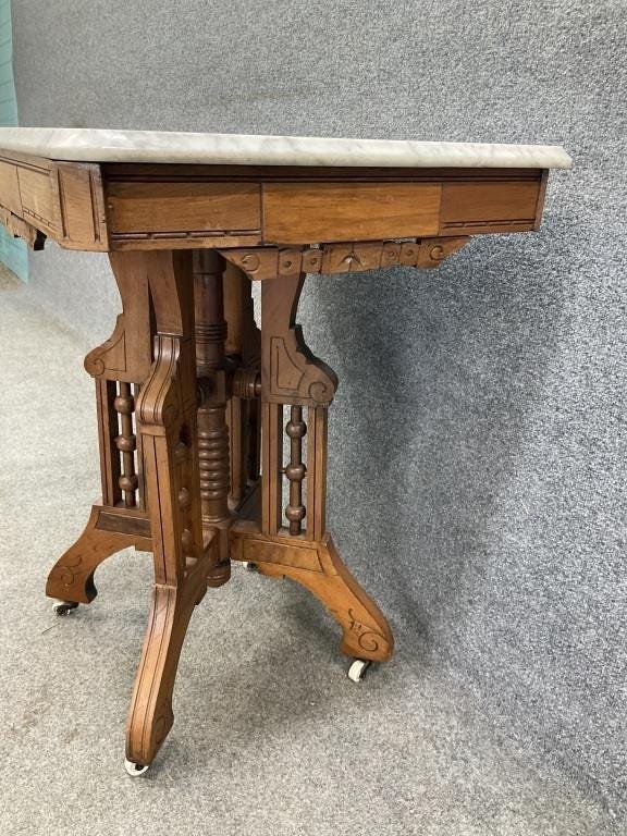 Antique Victorian Walnut Marble Top Parlor Table | Renaissance Revival Eastlake Side Table | Circa 1880