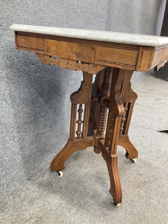 Antique Victorian Walnut Marble Top Parlor Table | Renaissance Revival Eastlake Side Table | Circa 1880