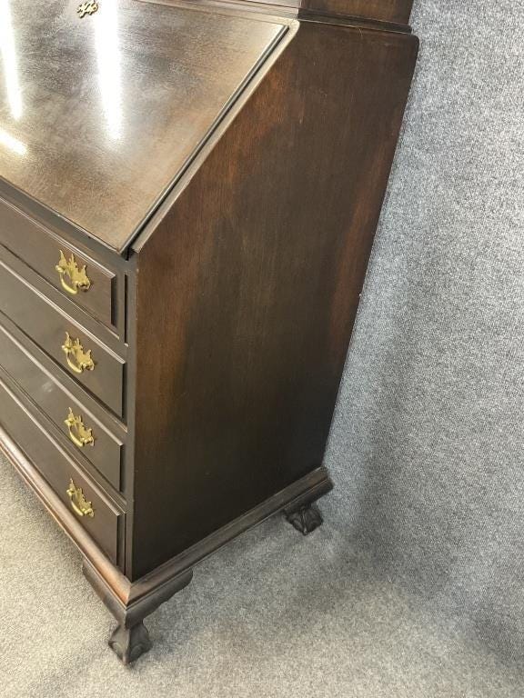 Antique Solid Mahogany Secretary Desk, Colonial Mfg Co Chippendale Bookcase Cabinet, Ball and Claw Foot Writing Desk