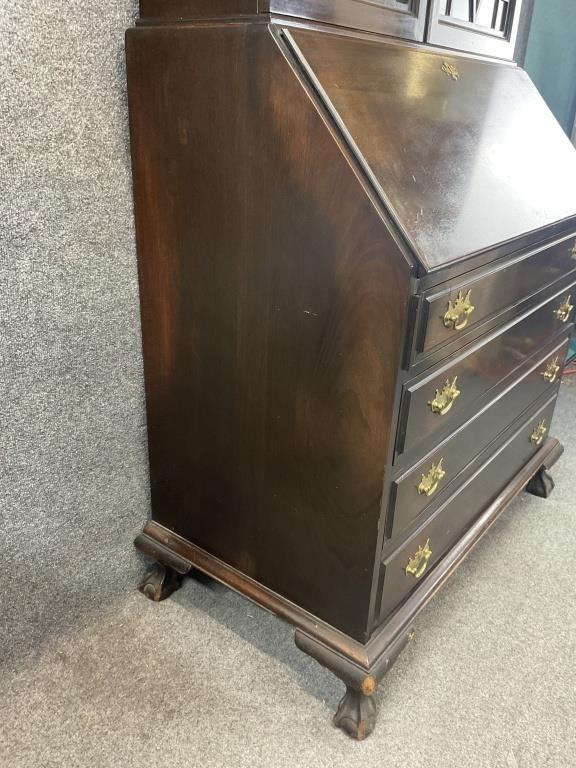 Antique Solid Mahogany Secretary Desk, Colonial Mfg Co Chippendale Bookcase Cabinet, Ball and Claw Foot Writing Desk