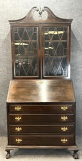 Antique Solid Mahogany Secretary Desk, Colonial Mfg Co Chippendale Bookcase Cabinet, Ball and Claw Foot Writing Desk