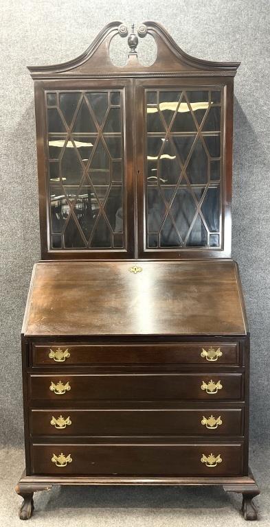 Antique Solid Mahogany Secretary Desk, Colonial Mfg Co Chippendale Bookcase Cabinet, Ball and Claw Foot Writing Desk
