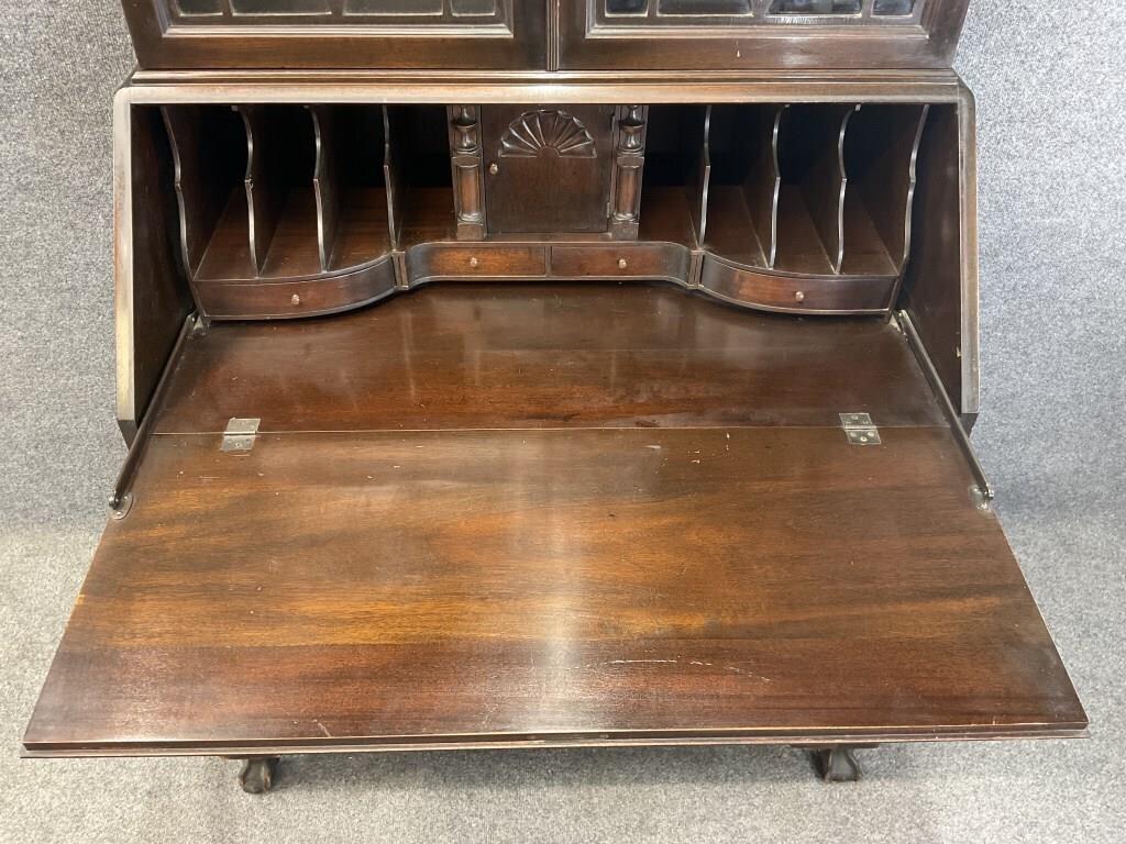 Antique Solid Mahogany Secretary Desk, Colonial Mfg Co Chippendale Bookcase Cabinet, Ball and Claw Foot Writing Desk