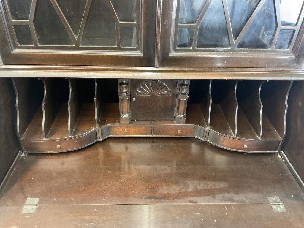 Antique Solid Mahogany Secretary Desk, Colonial Mfg Co Chippendale Bookcase Cabinet, Ball and Claw Foot Writing Desk