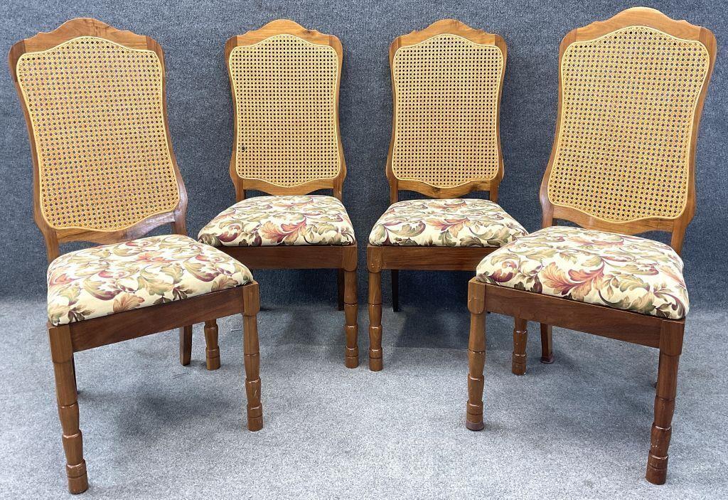 Set of 4 Vintage Walnut Cane Back Dining Chairs | French Country Cane Chairs | Upholstered Dining Chairs