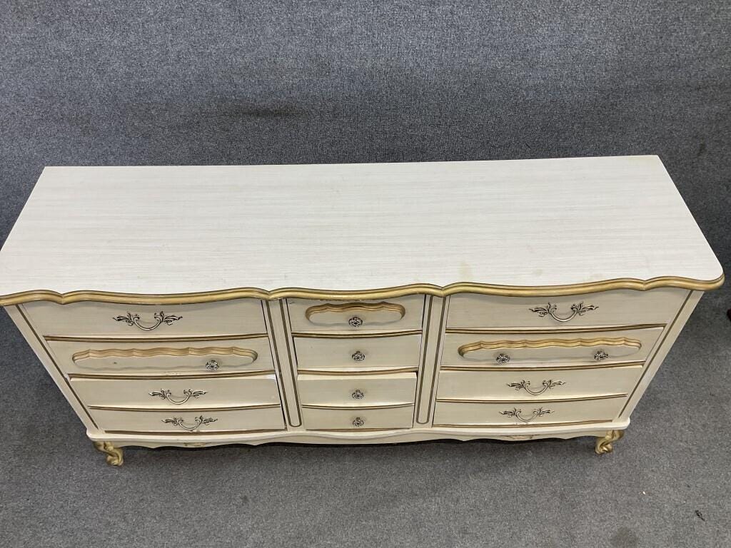 Vintage French Provincial Cream & Gold Triple Dresser | Louis XV Style Bedroom Bureau