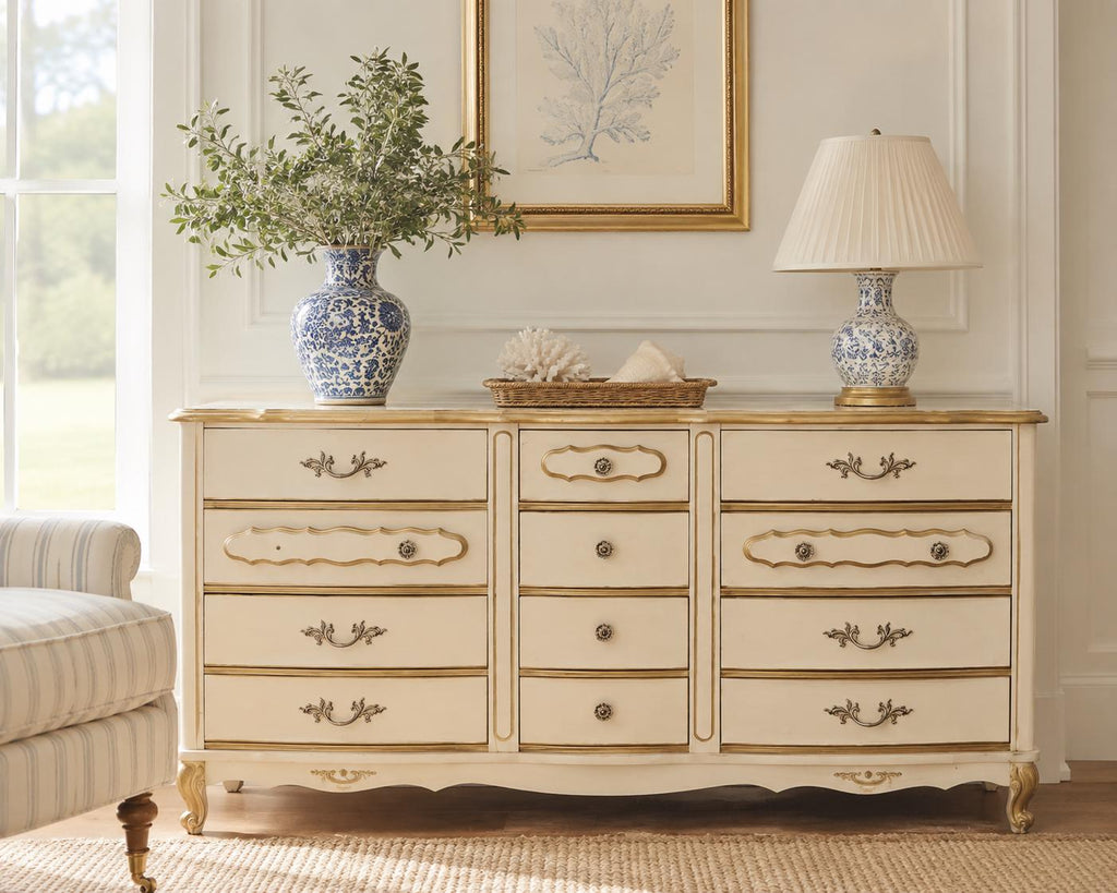 Vintage French Provincial Cream & Gold Triple Dresser | Louis XV Style Bedroom Bureau