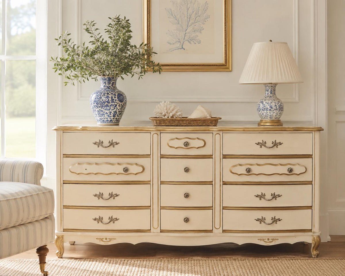 Vintage French Provincial Cream & Gold Triple Dresser | Louis XV Style Bedroom Bureau