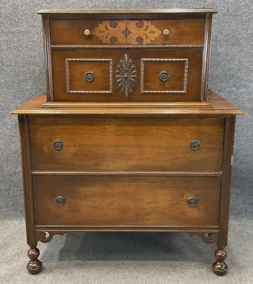 Antique Walnut Chest on Chest, Inlaid Highboy Dresser, Late Victorian Tall Chest, English Style Bedroom & Entryway Furniture