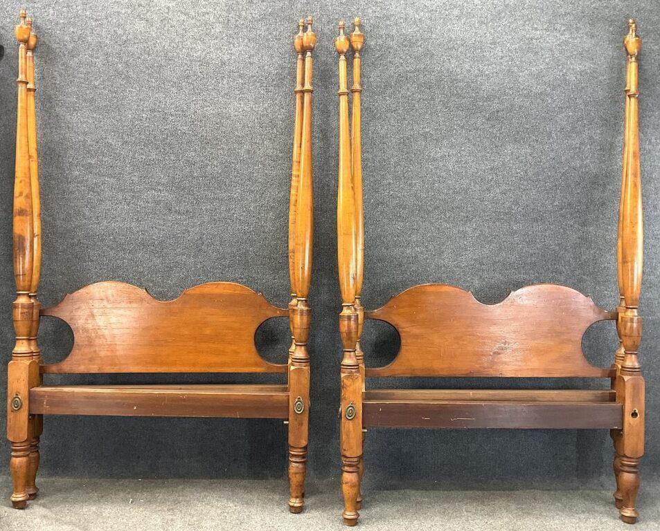 Pair of Antique American Twin Four Poster Beds | Tall Turned Post Bed Frames, c. 1880