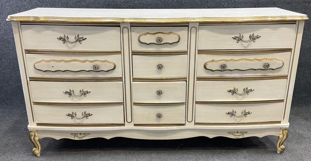 Vintage French Provincial Cream & Gold Triple Dresser | Louis XV Style Bedroom Bureau