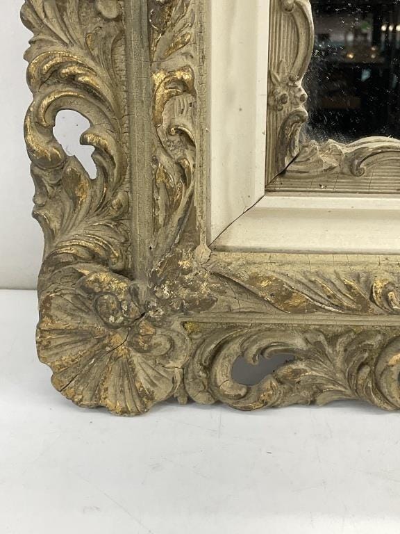 Antique Giltwood Mirror, Early 1900s Rococo Wall Mirror, Reticulated Gold Frame, Baroque French Style Mirror, 24 x 28