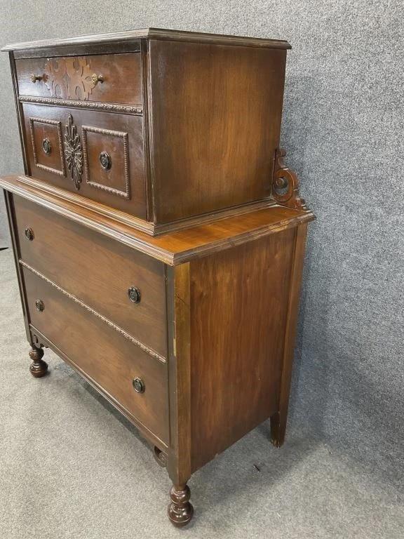 Antique Walnut Chest on Chest, Inlaid Highboy Dresser, Late Victorian Tall Chest, English Style Bedroom & Entryway Furniture