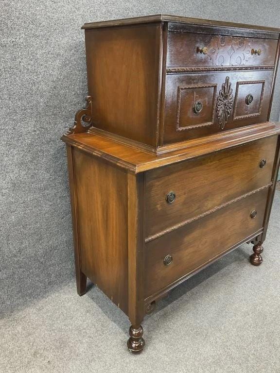 Antique Walnut Chest on Chest, Inlaid Highboy Dresser, Late Victorian Tall Chest, English Style Bedroom & Entryway Furniture