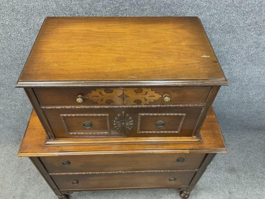 Antique Walnut Chest on Chest, Inlaid Highboy Dresser, Late Victorian Tall Chest, English Style Bedroom & Entryway Furniture