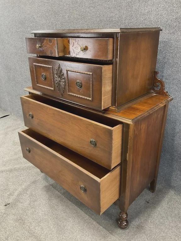 Antique Walnut Chest on Chest, Inlaid Highboy Dresser, Late Victorian Tall Chest, English Style Bedroom & Entryway Furniture