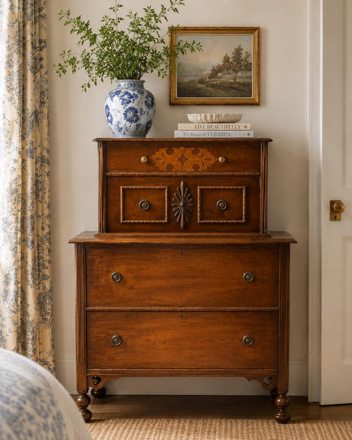 Antique Walnut Chest on Chest, Inlaid Highboy Dresser, Late Victorian Tall Chest, English Style Bedroom & Entryway Furniture