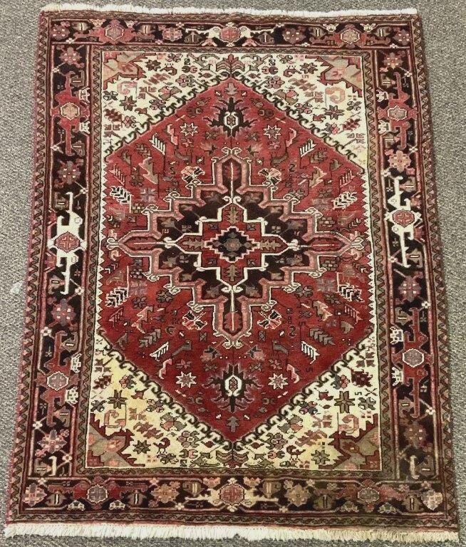 Vintage Hand Knotted Wool Rug 4.10x6.4, Red Geometric Area Rug, Traditional Tribal Rug, Cottage Farmhouse Decor