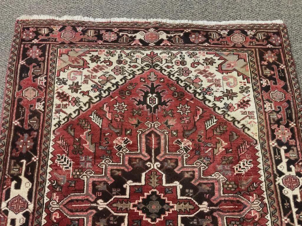 Vintage Hand Knotted Wool Rug 4.10x6.4, Red Geometric Area Rug, Traditional Tribal Rug, Cottage Farmhouse Decor
